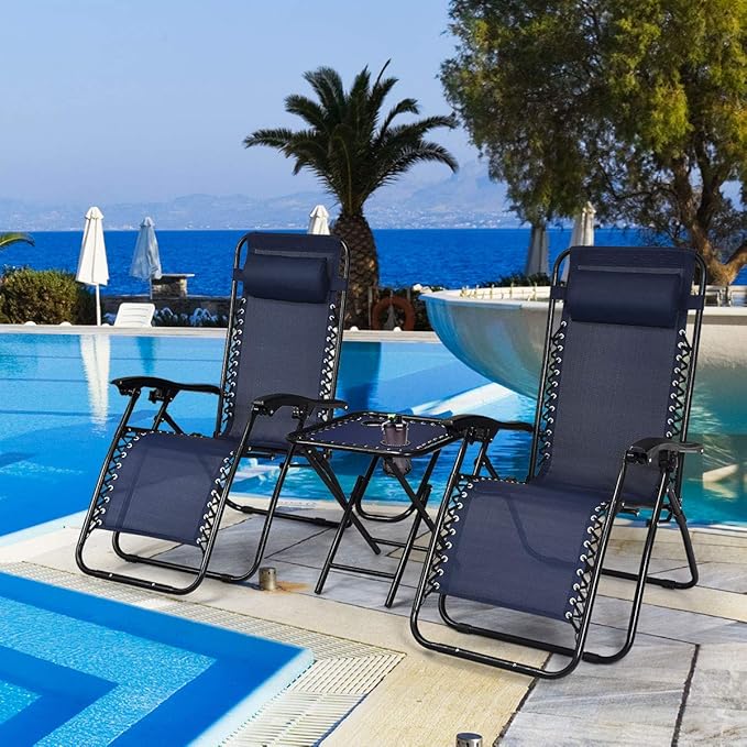 S AFSTAR Zero Gravity Chairs Set of 2, 3 PCS Folding Zero Gravity Lawn Chair Set with Side Table Cup Holders & Adjustable Headrest, Reclining Patio Chairs, Zero Gravity Lounger for Patio Poolside