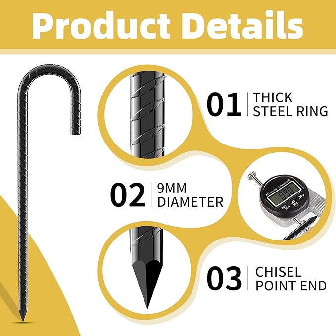 Necneecu16 Pack Rebar Stakes, 12 Inch J Hook Heavy Duty Ground Stakes for Canopy Tent Trampoline and Chain Link Fence Rust Proof Coated Steel Ground Stakes Ground Anchors (Black)