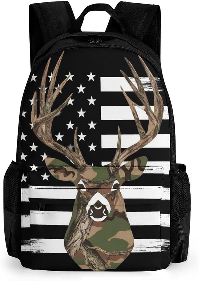 Supdreamc Lightweight Daypack Bookbag for Trekking Business Walking Cycling, Big Capacity Anti-Theft Multipurpose Carry On Bag, Camo Deer Hunting Camouflage Usa Flag Business Computer Bag