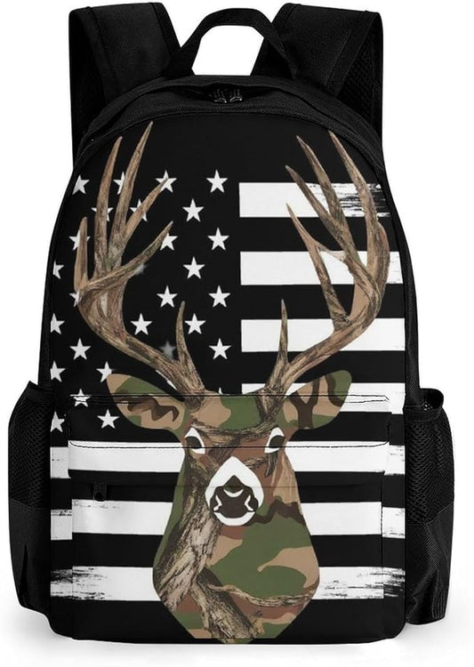 Supdreamc Lightweight Daypack Bookbag for Trekking Business Walking Cycling, Big Capacity Anti-Theft Multipurpose Carry On Bag, Camo Deer Hunting Camouflage Usa Flag Business Computer Bag