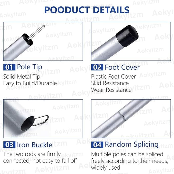 Tent Poles,Adjustable Portable Tent Poles-74.8" Sturdy and Durable Rustproof Thickened Iron Tent Stakes for Camping,Hiking,Van Awnings,Beach Awning Tent Accessory with Storage Bag-2 Pack (Silver Gray)