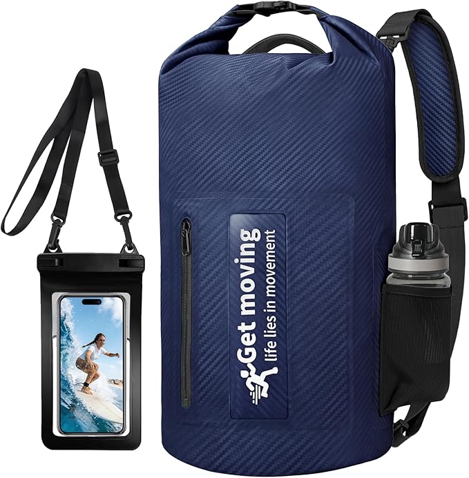 BKNOOU Dry Bag Waterproof for Women Men, 10L/20L Roll Top Lightweight Dry Storage Bag Backpack for Travel, Kayaking, Boating, Rafting, Camping, Hiking and Beach, with Phone Case (Navy Blue, 20L)