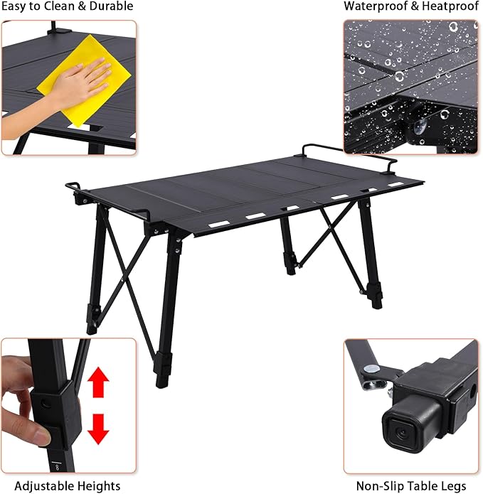 Aircity Folding Camping Table, Portable Folding Aluminum Table with Adjustable Height for BBQ, Camping, Picnic, Beach, Travel, and Outdoor Cooking