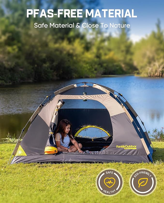 FanttikOutdoor Zeta C2/3/4 Camping Tent, 2/3/4 Person Instant Dome Tent, Easy Setup in 60s, Portable Waterproof Cabin Tent with Pre-Attached Poles & Air Vent, Ideal for Camping, Hiking, Backyard