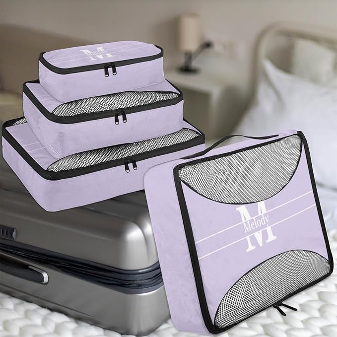 Custom Packing Cubes with Name - 4 Piece Light Purple Packing Cubes Compression Luggage Suitcase Organizer Set with Initial Letter