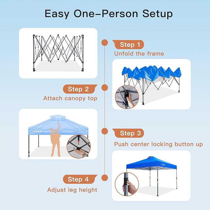 Amada 10x10 Pop Up Canopy - Center Lock One Push Instant Setup Gazebo Outdoor Canopy Beach Tent with STO-N-Go Bag 8 Stakes & 4 Sand Bags, 3-Height Adjustable Shade Shelter (10x10ft, Blue)