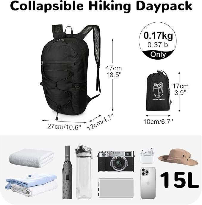 Small Foldable Nylon Hiking Backpack for Men, Ultralight Collapsible Backpack for Travel, Black