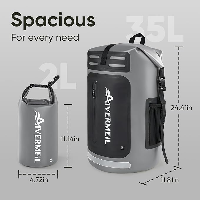 Dry Bag 35L for Men & Women Roll-Top Hiking Backpack with IPX8 Waterproof Phone Case & Detachable Mini Backpack for Kayaking Boating Cushioned Padded Back Grey