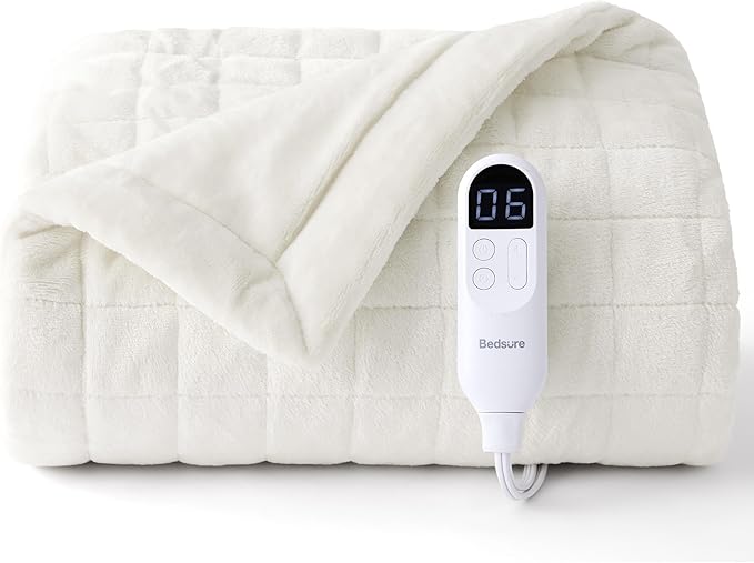 Bedsure Heated Blanket Throw Blanket - Quilted Electric Blanket, Soft Flannel Thick Heating Blanket with 4 Time Settings & 6 Heating Settings, Warm Gifts for Women Men (50x60 inches, Ivory)