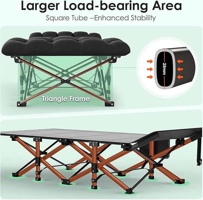 Suteck Camping Cot, Folding Camping Cot Bed for Adults Sleeping 1200D Double Layer Oxford Portable Folding Outdoor Cots for Camping W/Soft Pad Carry Bag for Home Office Nap Beach Travel