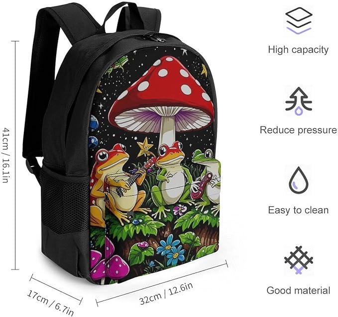 Backpack Anti-Theft Multipurpose Large Capacity Carry On Bag, Psychedelic Mushroom Trippy Magic Frog Art Camping Outdoor Backpack With Side Pockets
