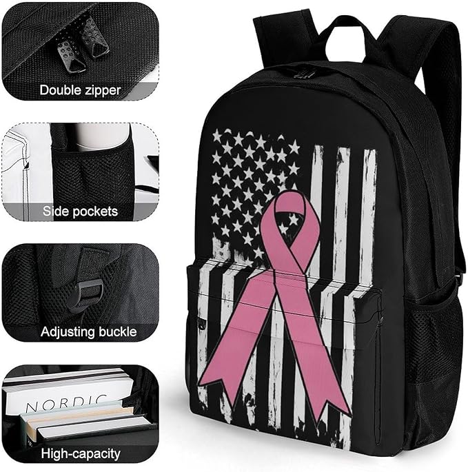 Supdreamc Daypack Backpack Anti-Theft Multipurpose Big Capacity Bookbag, Breast Cancer Awareness Pink Ribbon American Flag Business Computer Bag With Side Pockets