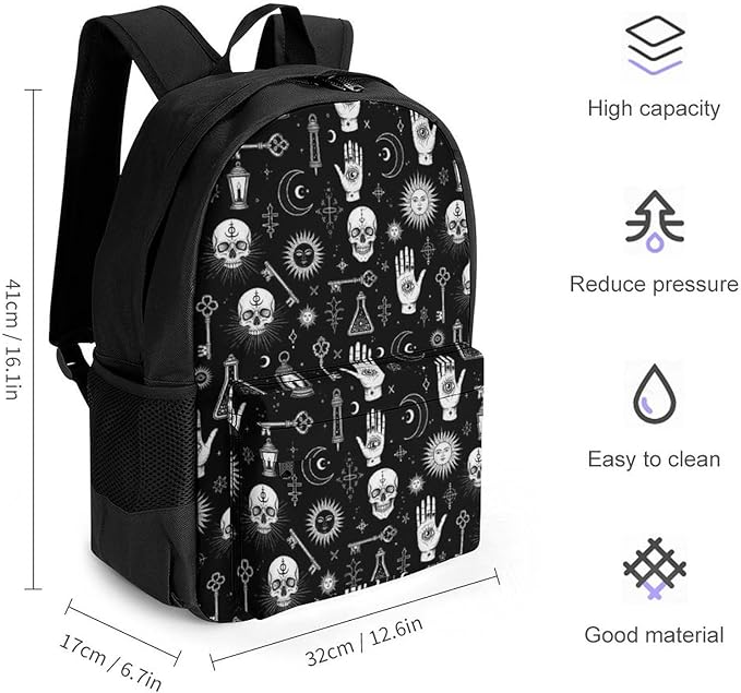 Adults Lightweight Halloween Goth Gothic Raven Crow Skull Sun Moon Tattoos Rucksacks Large Capacity Bookbag With Adjustable Shoulder Straps for Trekking Outdoors Bicycle