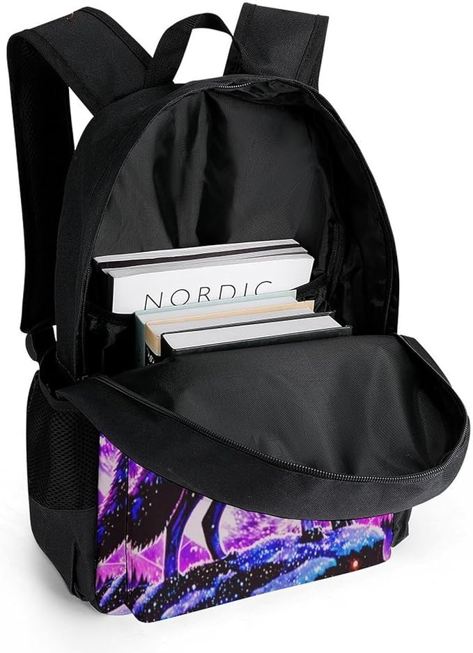 Supdreamc Polyester Daypack for Camping Travel Walking Cycling, Big Capacity Anti-Theft Multipurpose Bookbag, Neon Sky Moon Wolf Camping Outdoor Backpack