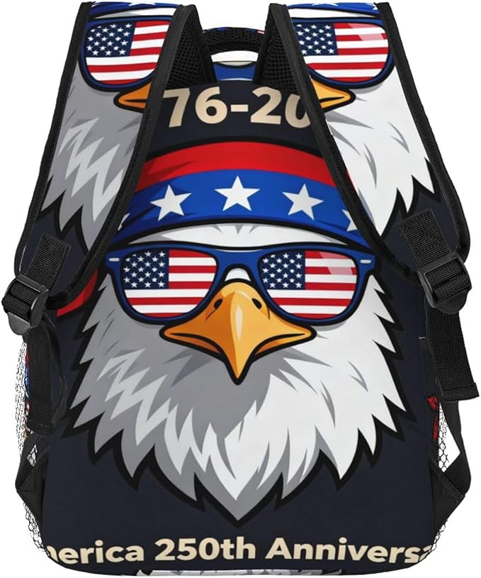 Men Women Polyester 250 Years 1776-2026 250th Birthday Eagle Liberty Art Backpack Large Capacity Bookbag With Smooth Zippers for Climbing Picnic Bicycle
