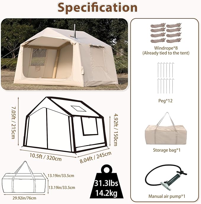 Inflatable Camping Tent with Hand Pump Waterproof Outdoor Blow up Tent 2-8 Person Oxford 4 Season Glamping Air Tent Cabin House with Mesh Windows & Door
