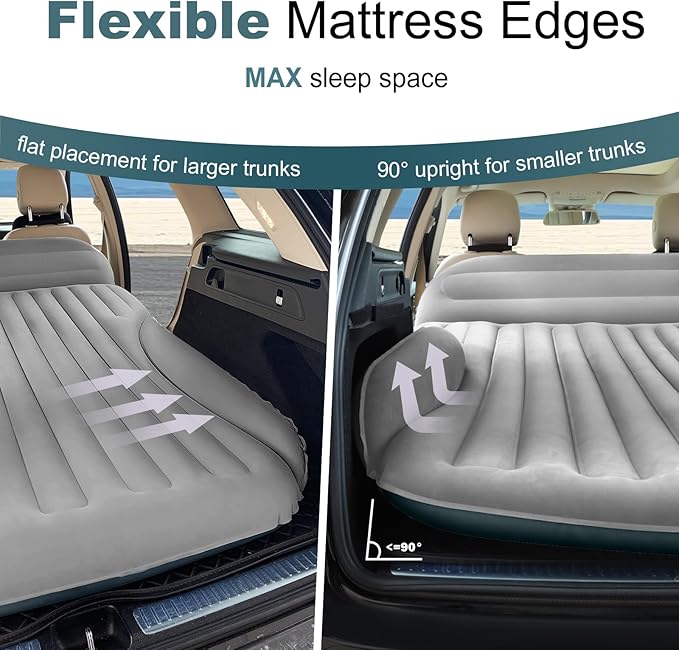 SUV Air Mattress, Double-Sided Thick Flocked Car Air Mattress with Built-in Pump & Pillow, Complete Sleeping Accessories for Auto Camping & Road Trips（Light Grey）