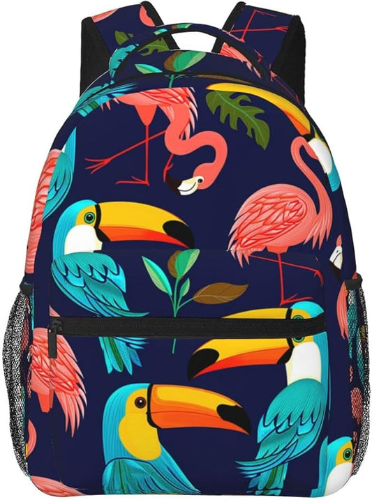 Polyester Daypack Backpack for Climbing Outdoors Running, Big Capacity Multipurpose Anti-Theft Bookbag, Exotic Birds Parrot Flamingo Art Travel Hiking Camping Rucksack