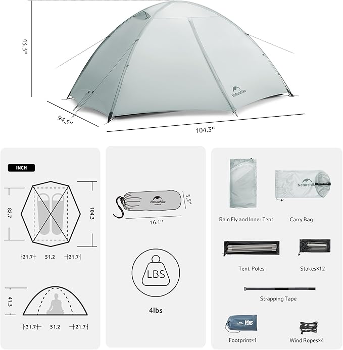 Naturehike Giling 1/2 Person Backpacking Tent 4 Season Lightweight Tent for Hiking & Bikepacking Easy Setup 3000mm Waterproof Ultralight CampingTents for Outdoor Cycling