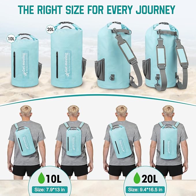 BKNOOU Dry Bag Waterproof for Women Men, 10L/20L Roll Top Lightweight Dry Storage Bag Backpack for Travel, Kayaking, Boating, Rafting, Camping, Hiking and Beach, with Phone Case (Light blue, 10L)