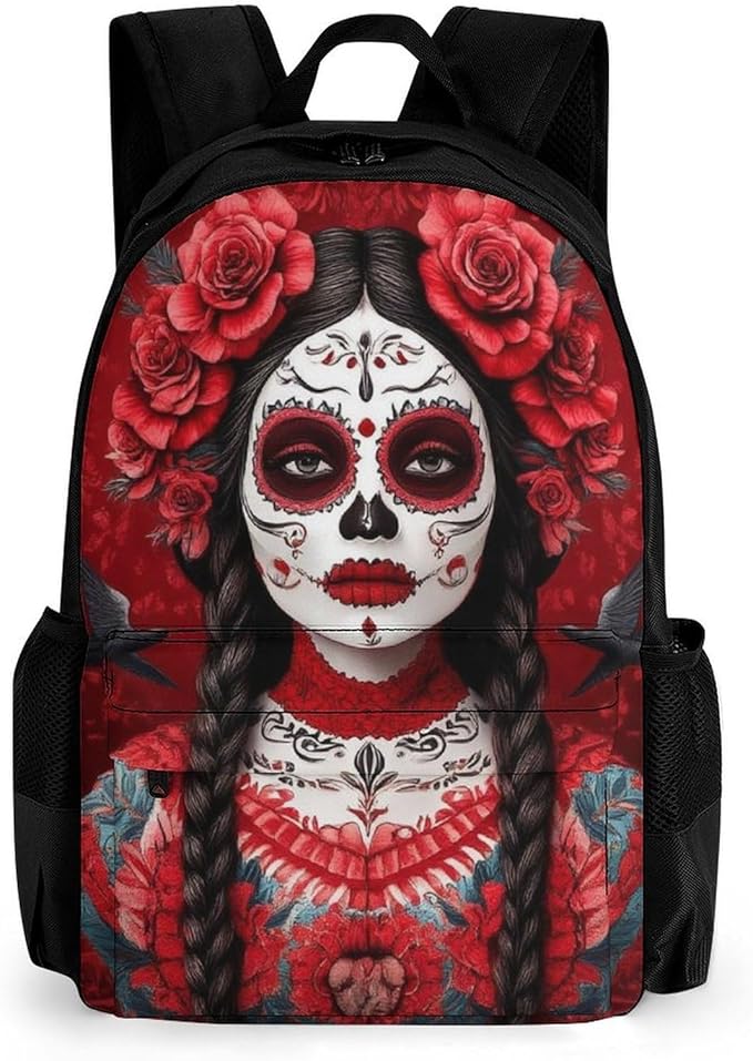 Rucksacks Lightweight Multipurpose Anti-Theft Mexican Red Rose Sugar Skull Floral Women Day Of The Dead Art Shoulder Bag Big Capacity Laptop Book Bag Rucksack With Padded Straps