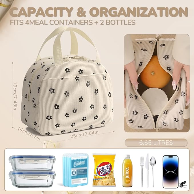 Lunch Bag for Women Men Cute Corduroy Lunch Tote Bags Reusable Insulated Lunch Box Large Capacity Reusable Insulated Cooler for Work/Picnic/Travel