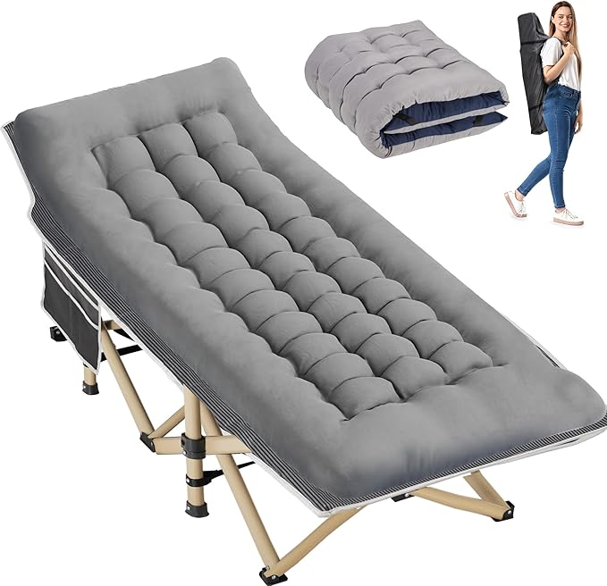Folding Camping Cot for Sleeping, Portable Cots for Adults, Heavy Duty Cot Bed 550LBS(Max Load), Extra Wider Cots with Large Pocket for Outdoor, Office, Beach