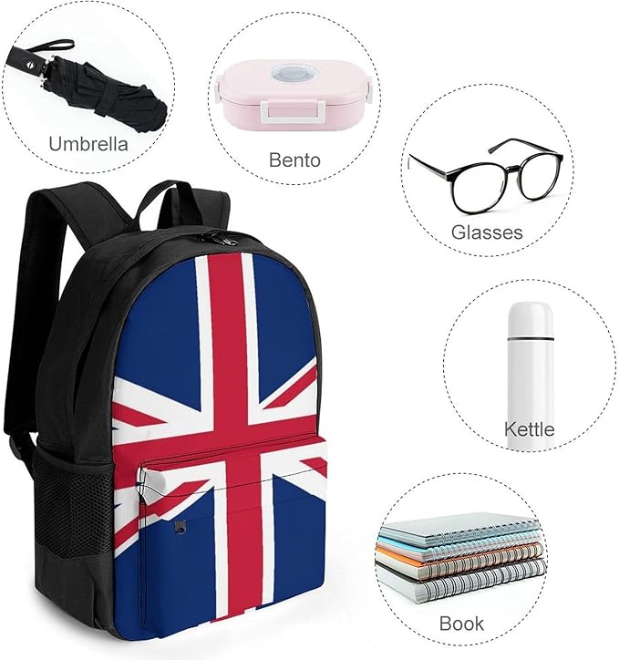 Men Women Lightweight British Uk Flag Daypack Bookbag Big Capacity Carry On Bag With Side Pockets for Camping Travel Bicycle