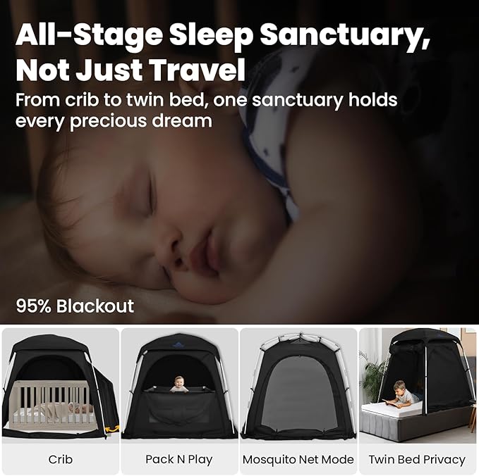 Baby Blackout Tent Fits Crib, Pack N Play, Toddler Travel Bed & Kids Cot, CPC Certified Sleep Pod with Fan Pocket 2 Mesh Doors, Breathable & Quiet Design, Easy Setup & Portable