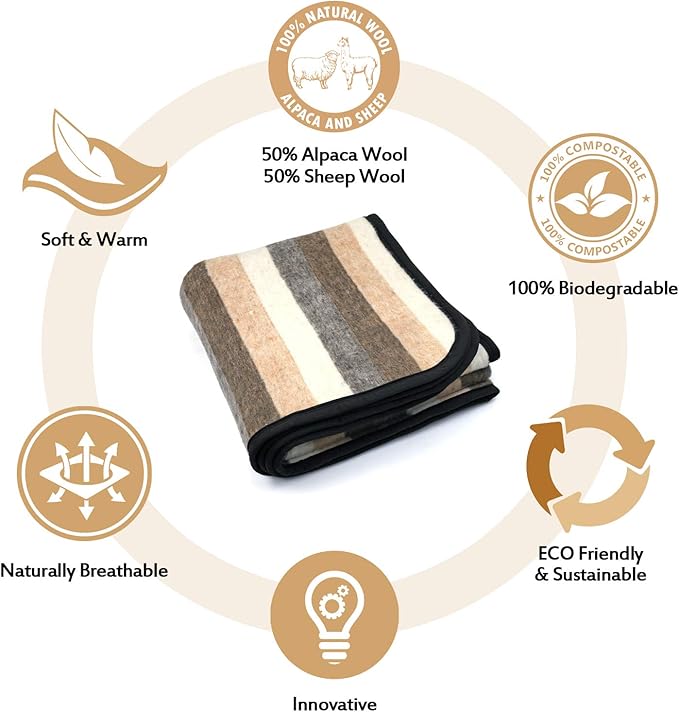 Alpaca Warehouse 100% Natural Alpaca and Sheep Wool Blanket Full/Queen Size Thick Heavyweight Comfortably Warm - Great for Outdoor Use - Striped Design 87" x 73" (Beige/Brown/Gray, Full/Queen)