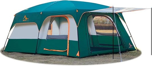 KTT Extra Large Tent 6-10-12-14 Person(Style-B),Family Cabin Tents,2 Rooms,3 Doors and 3 Windows with Mesh,Straight Wall,Waterproof,Double Layer,Big Tent for Outdoor,Picnic,Camping,Family Gathering