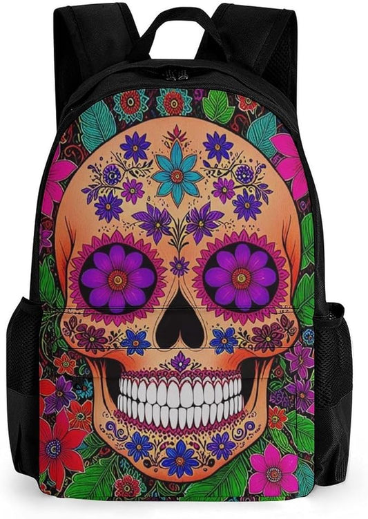Supdreamc Daypack Backpack Anti-Theft Multipurpose Big Capacity Bookbag, Grunge Mexican Sugar Skulls Day Of The Dead Flowers Art Business Computer Bag With Side Pockets