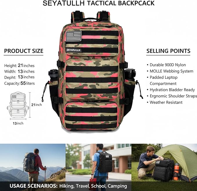 Military Tactical Backpack 55L for Men & Women Bug Out Bag Assault pack Molle Daypack Hiking Trekking Rucksack (Pink camouflage)