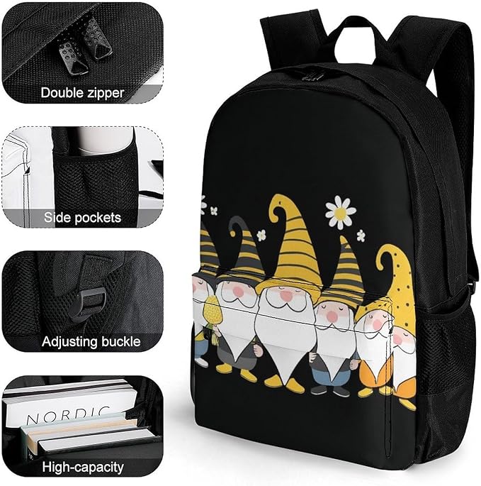 Supdreamc Lightweight Daypack Bookbag for Trekking Business Walking Cycling, Big Capacity Anti-Theft Multipurpose Carry On Bag, Sunflower Bee Cute Cartoon Gnome Black Business Computer Bag