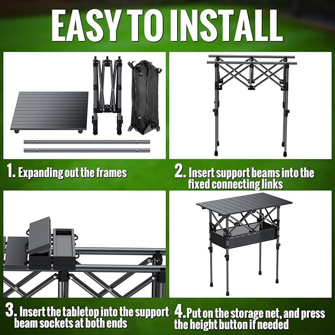GARLLEN Folding Camping Table, Portable Roll-up Picnic Table with 2 Adjustable Height, Lightweight Aluminum Outdoor Table with Storage Net and Carrying Bag for Camping, Picnic, BBQ