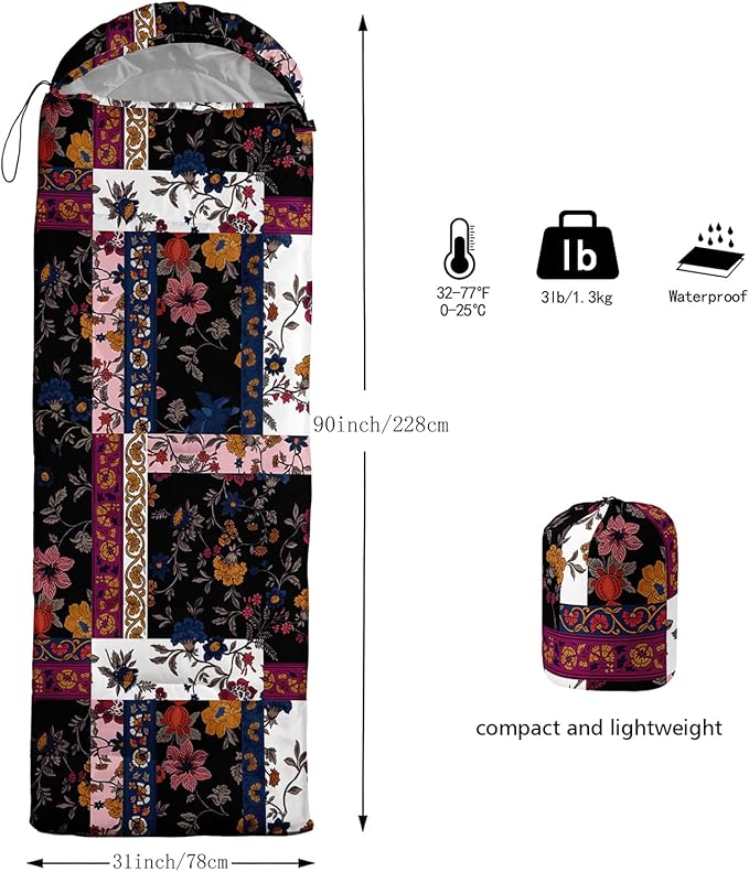 Sleeping Bags for Adults and Kids，3D Printing Camping Sleeping Bag for Girls Boys Lightweight Waterproof Cold/Warm 3-Season，Outdoor Travel with Compression Bags