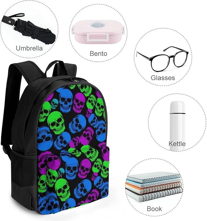 Women Men Polyester Funny Goth Skull Art Casual Daypack Large Capacity Bookbag With Side Pockets for Sports Picnic Walking Cycling