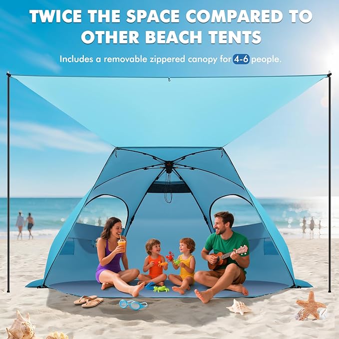 Elegear CumbreX™ Beach Tent with Canopy 4-6 Person, 1-Second Umbrella-Style Setup Pop Up Sun Shelter Shade, UPF 50+ UV Protection Four-Layer Silver-Coated Lightweight Portable Beach Cabana - Aqua Blue