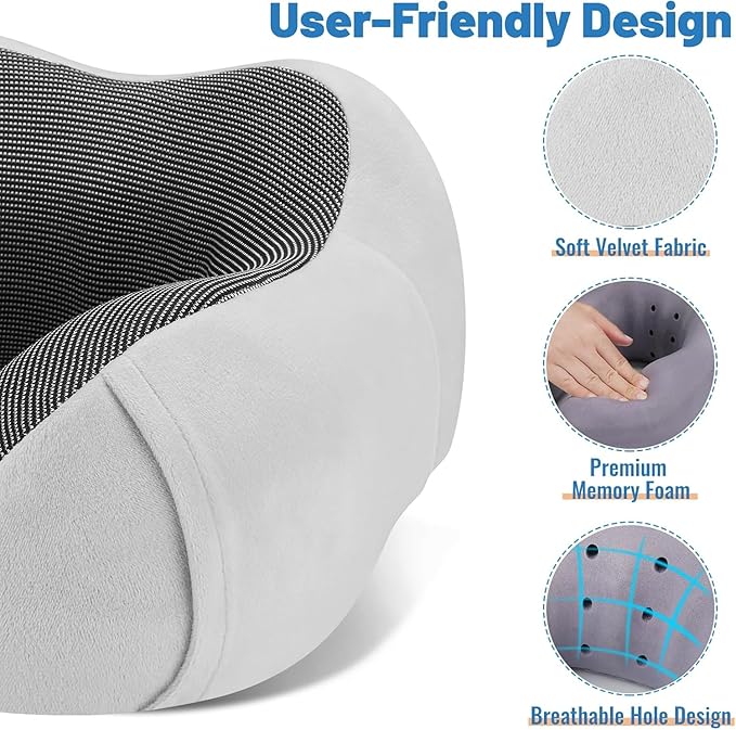 CloudBliss Travel Pillow Premium Memory Foam, Comfortable&Supportive Neck Pillow, Sleeping Neck Pillows for Travel, Airplane Pillow for Sleeping Airplane, Car, Office and Home （Light Grey）