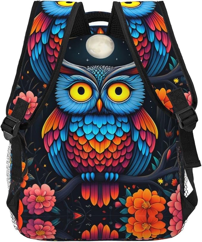 Polyester Daypack for Camping Travel Walking Cycling, Big Capacity Anti-Theft Multipurpose Bookbag, Trippy Owl Red Floral Moon Art Camping Outdoor Backpack