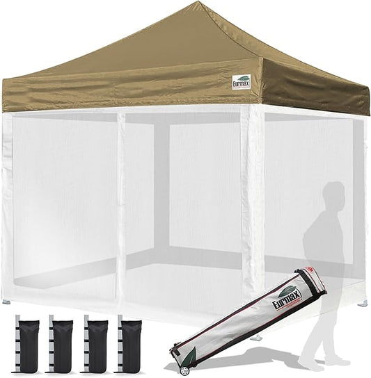Eurmax USA 10'x10' Pop-up Canopy Tent Commercial Instant Canopies with 4 Removable Zipper End Screen Wall kit and Roller Bag, Bonus 4 SandBags(Khaki)
