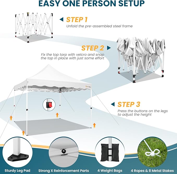 HOTEEL 10x10 Pop Up Canopy, Easy Setup Party Tent with Carry Bag, Weight Bag, Outdoor Portable Event Shelter for Backyard, Market, White
