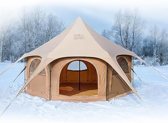Canvas Bell Tent, Glamping Yurt Waterproof Tent with Stove Jack and Storage Bag, Glamping Yurt Waterproof Tent, 218 sq ft, 14.76×9.19ft Peak Height, 15 Person, Perfect for Family 4 Season Camping