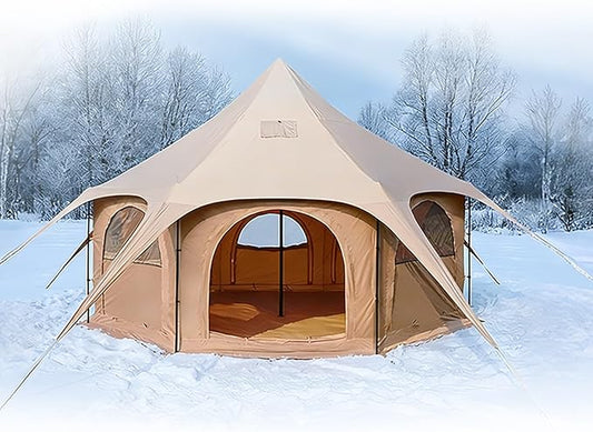 Canvas Bell Tent, Glamping Yurt Waterproof Tent with Stove Jack and Storage Bag, Glamping Yurt Waterproof Tent, 218 sq ft, 14.76×9.19ft Peak Height, 15 Person, Perfect for Family 4 Season Camping