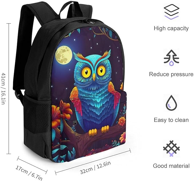 Supdreamc Lightweight Daypack Backpack for Trekking Work Running, Big Capacity Multipurpose Anti-Theft Bookbag, Trippy Owl Red Floral Moon Art Business Computer Bag