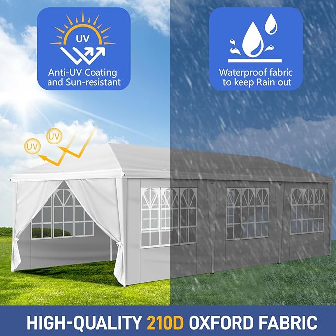 Outvita 10x30ft Ez Pop Up Canopy, Portable Instant Canopy Tent with 8 SideWalls for Outdoor Events, Party, Wedding, Birthday,Graduation White