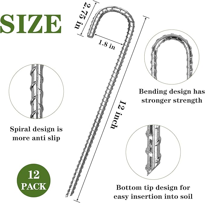 Toopify 12 Pack Rebar Stakes, 12 Inch Heavy Duty J Hook Galvanized Ground Anchors, Anti Rust Metal Steel Tent Stakes Garden Fence Stakes, Silver