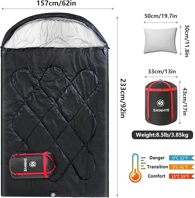 ShinHye Double Sleeping Bag for Adults with 2 Pillows, Camping Sleeping Bags Flannel Cotton 2 Person Sleeping Bags XXL Queen Size Sleeping Bag for Cold Weather
