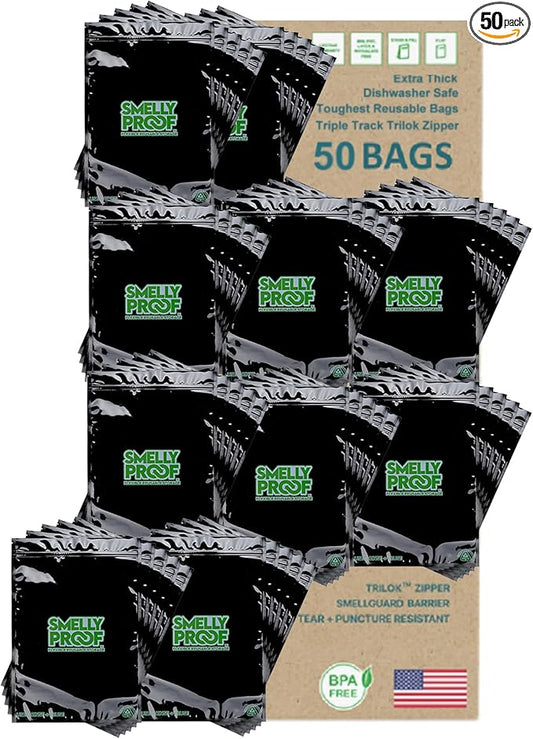 50pk 4-MIL Thick Heavy Duty, 2-Gallon Freezer Zipper Bags, Reusable Food Storage, US-Made, Non-Silicone, BPA Free, No PEVA, 50 x Smelly Proof Bags, NO SMELL Triple Zip BLACK 12" x 16"