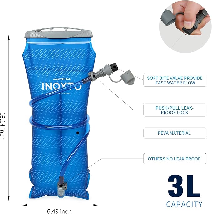 INOXTO 1.5L/2L/3L Hydration Bladder, Water Bladder with Water Reservoir Hose Insulator & High Flow Bite Valve for Hiking Backpack, Leak Proof 1.5/2L/3L Water Reservoir for Camping Cycling Running